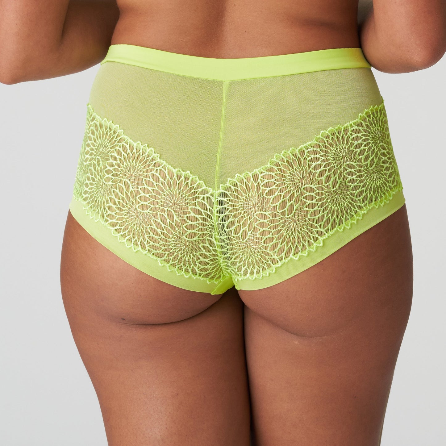 Back view of a woman wearing the Sophora high-waisted cheeky panty in Lime Crush by PrimaDonna.