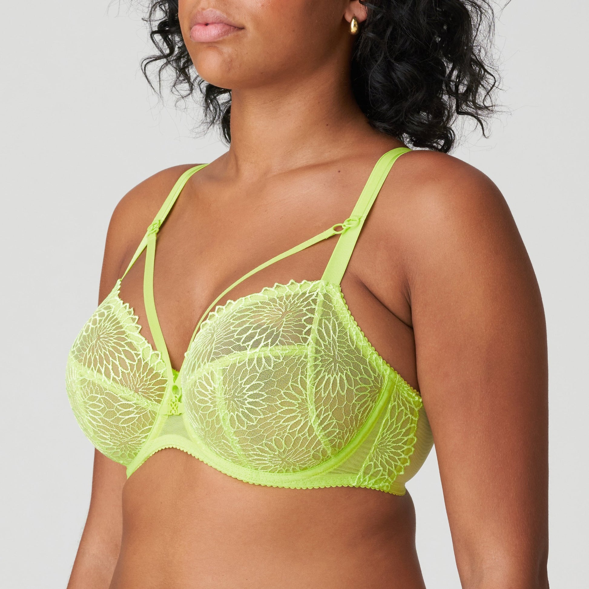 Side view of a woman wearing the DD+ Sophora Full Cup Bra in Lime Crush by PrimaDonna.