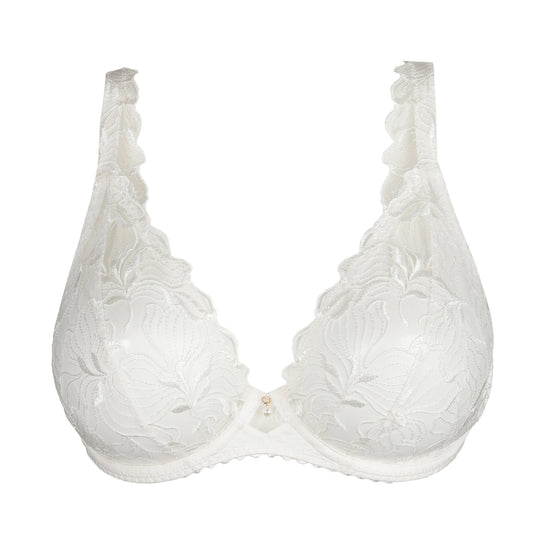 White lace DD+ bra with plunge neckline by Primadonna.