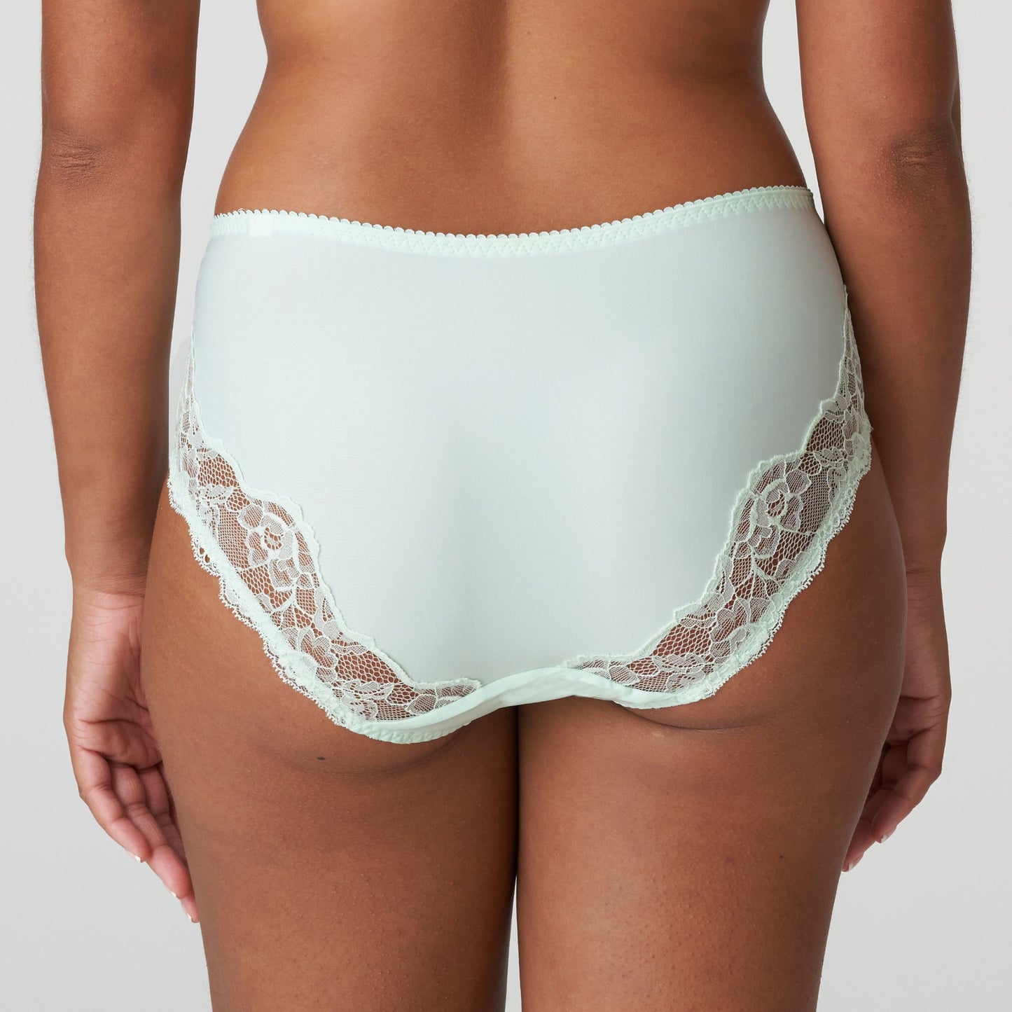 Back view of a woman wearing the Madison Full Brief panty with lace in Duck Egg by PrimaDonna.