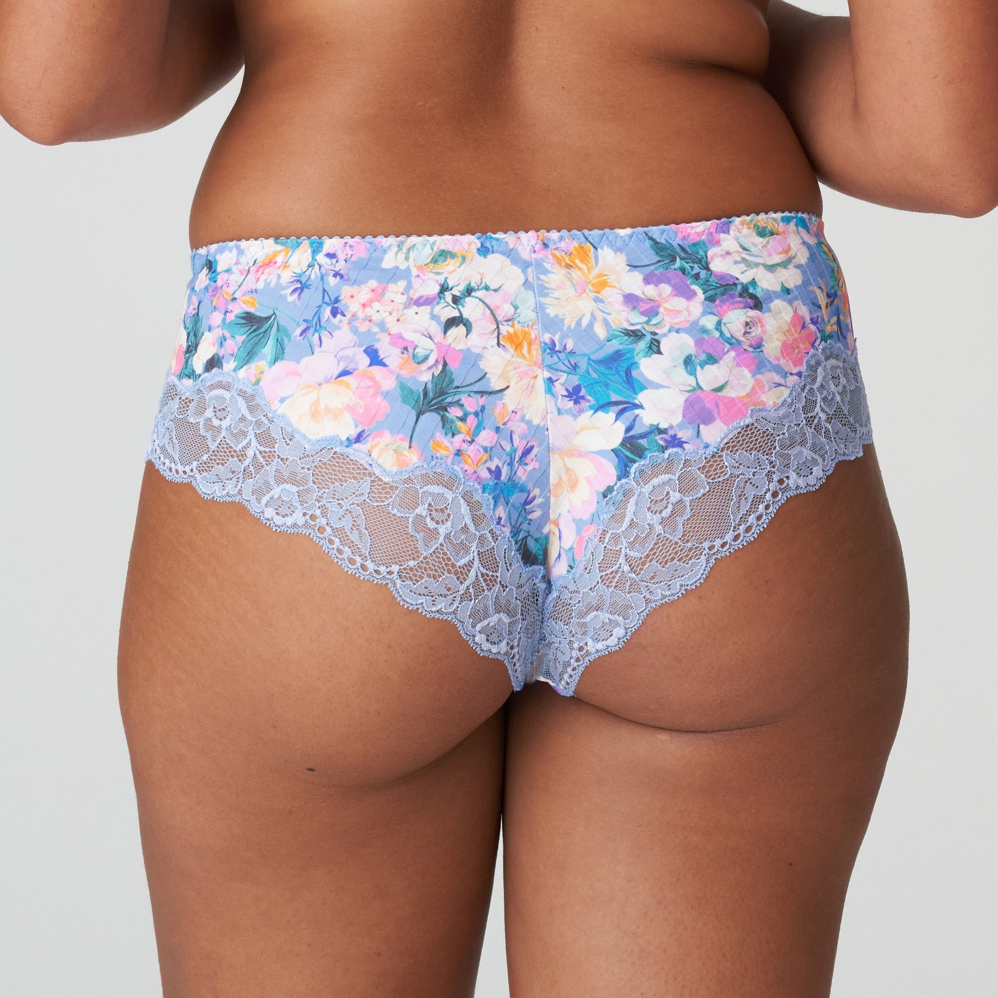 Back view of a woman wearing the Madison cheeky cut panty with lace inserts by Primadonna.