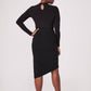 Back view of a woman wearing a high waisted black asymmetrical pencil skirt with cut out detail by Miriam Baker.