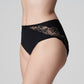 Side view of a woman wearing the Madison Full Brief panty with lace in Black by PrimaDonna.