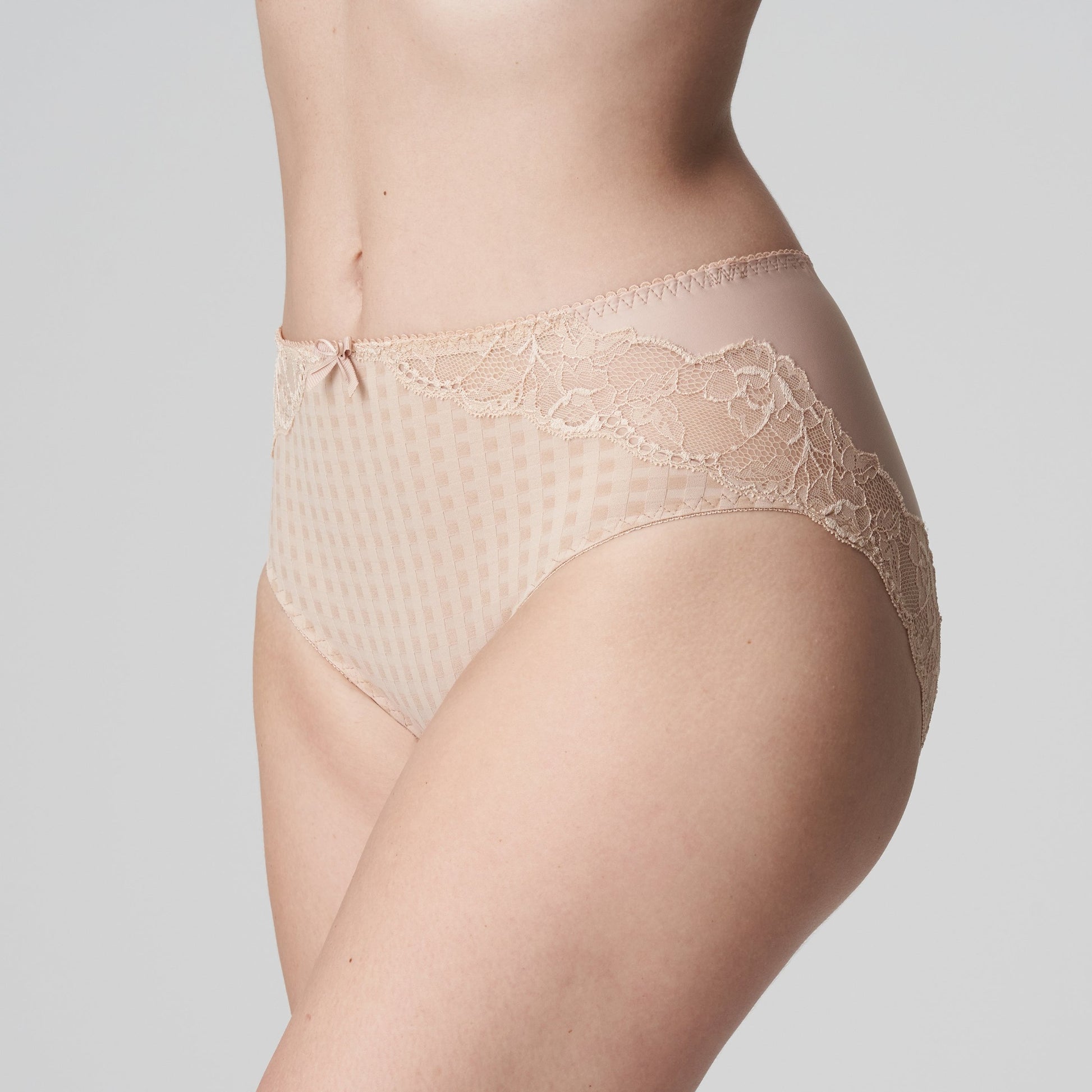 Side view of a woman wearing the Madison Full Brief panty with lace in Caffe Latte by PrimaDonna.