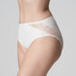 Side view of a woman wearing the Madison Full Brief panty with lace in Natural by PrimaDonna.