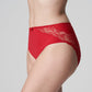 Side view of a woman wearing the Madison Full Brief panty with lace in Scarlet by PrimaDonna.