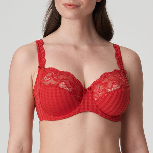 Front view of a woman wearing the Madison Full Cup Bra in red by PrimaDonna.