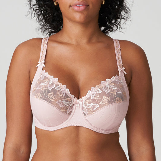 Woman wearing a supportive full cup underwire bra for large breasts in vintage pink by PrimaDanna.