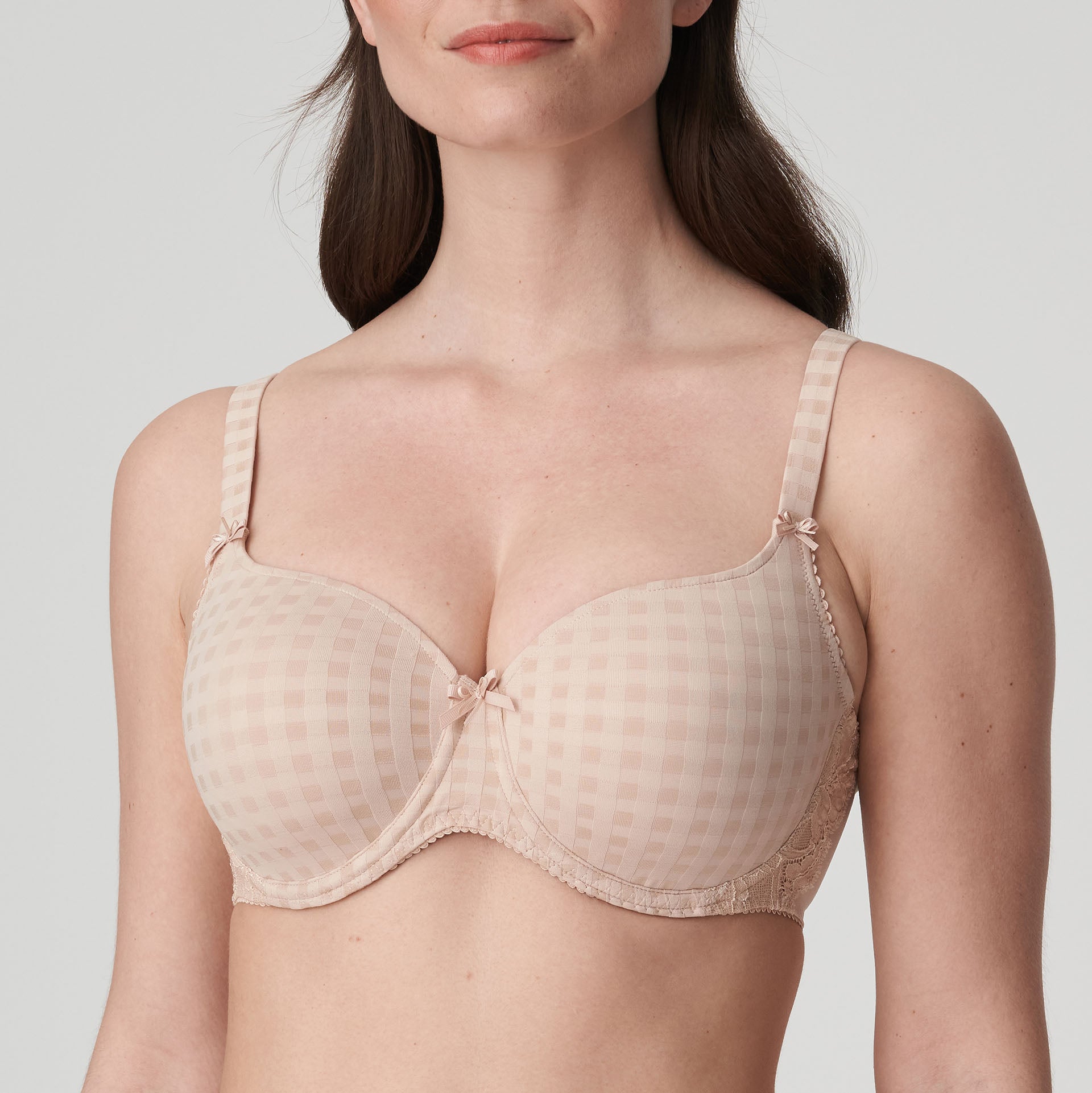 Front view of a woman wearing the DD+ Madison Moulded Cup Bra with light padding in Caffe Latte by Primadonna.