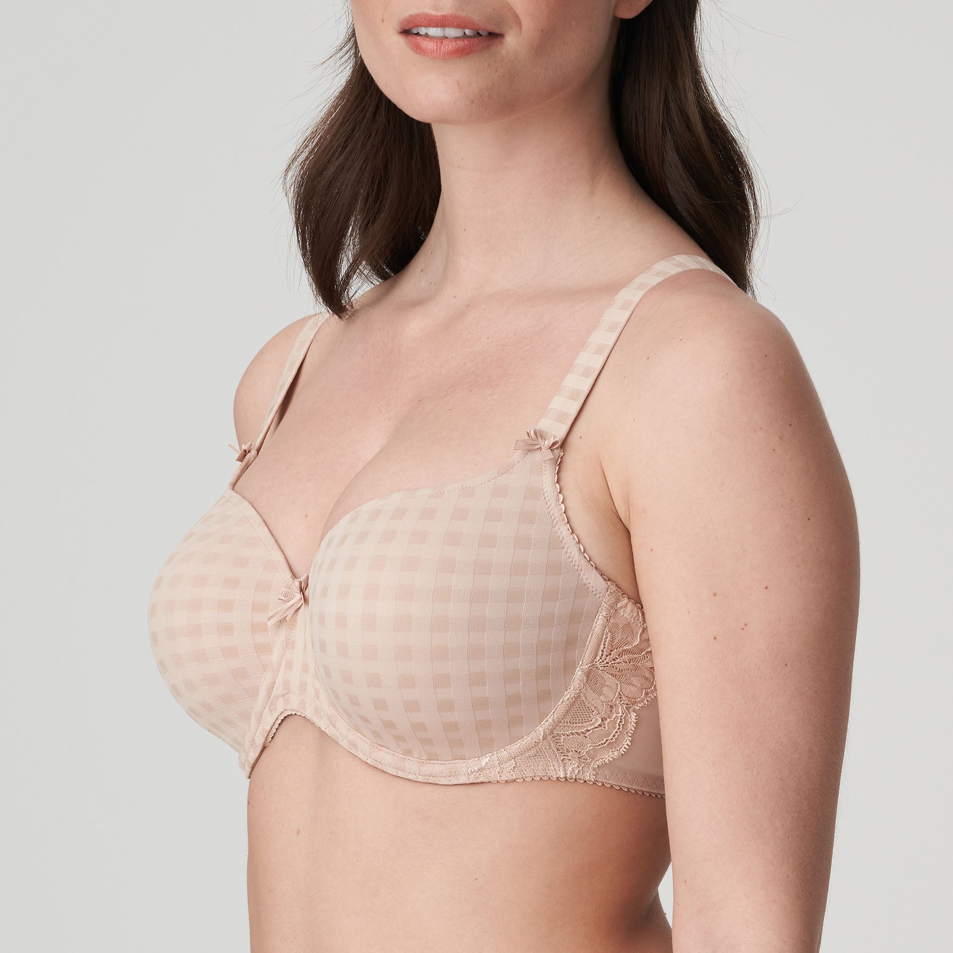 Side view of a woman wearing the DD+ Madison Moulded Cup Bra with light padding in Caffe Latte by Primadonna.