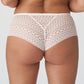 Back view of a woman wearing the Montara Luxury Thong with all over lace design in Crystal Pink by PrimaDonna.
