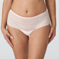 Front view of a woman wearing the Montara Luxury Thong with all over lace design in Crystal Pink by PrimaDonna.
