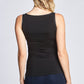 Back view of a woman wearing a fuller bust tank top in black with a boatneck designed by Miriam Baker.