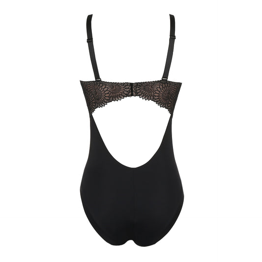 Back view of a black DD+ open back bodysuit with built in full support underwire bra by Primadonna.