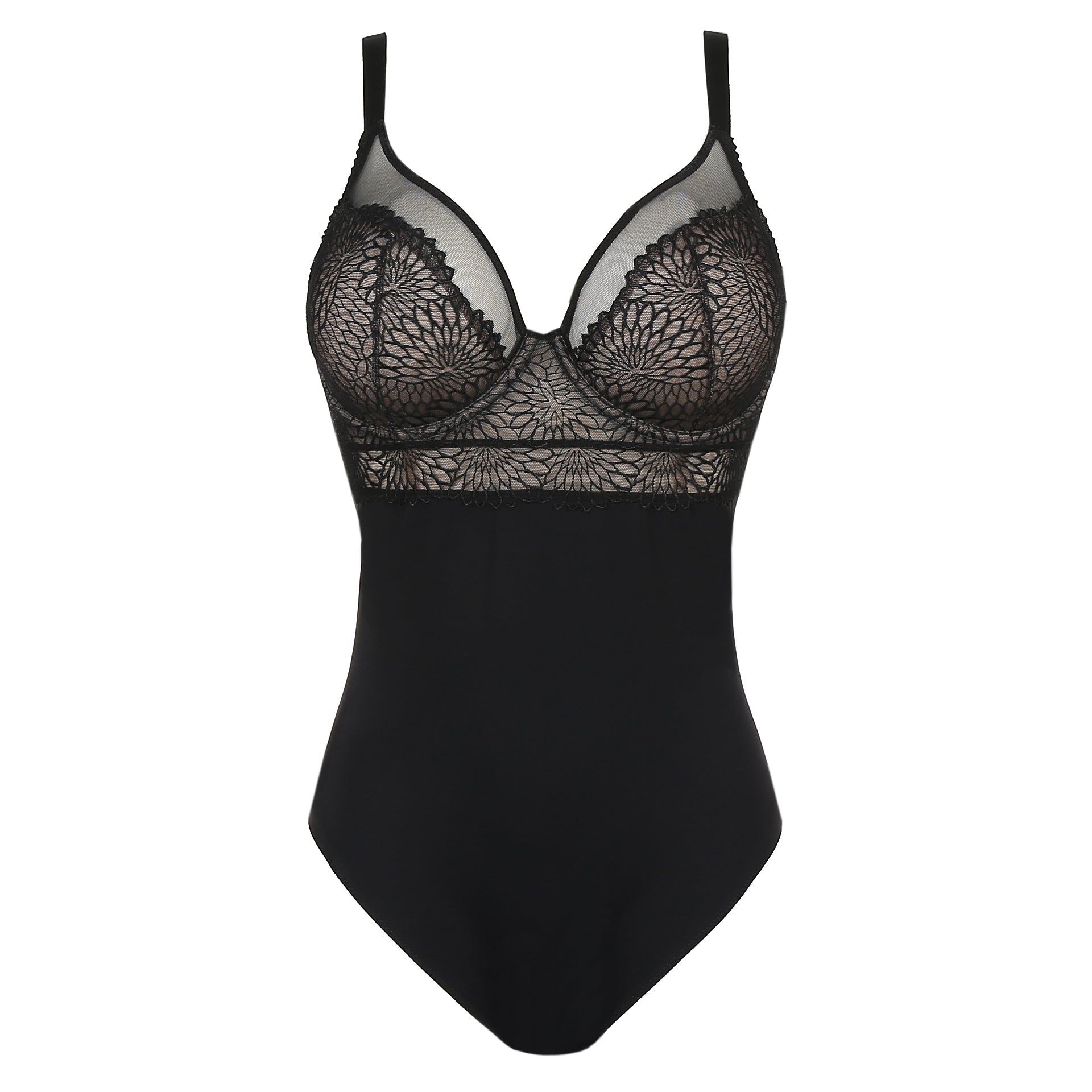 Black DD+ open back bodysuit with built in full support underwire bra by Primadonna.