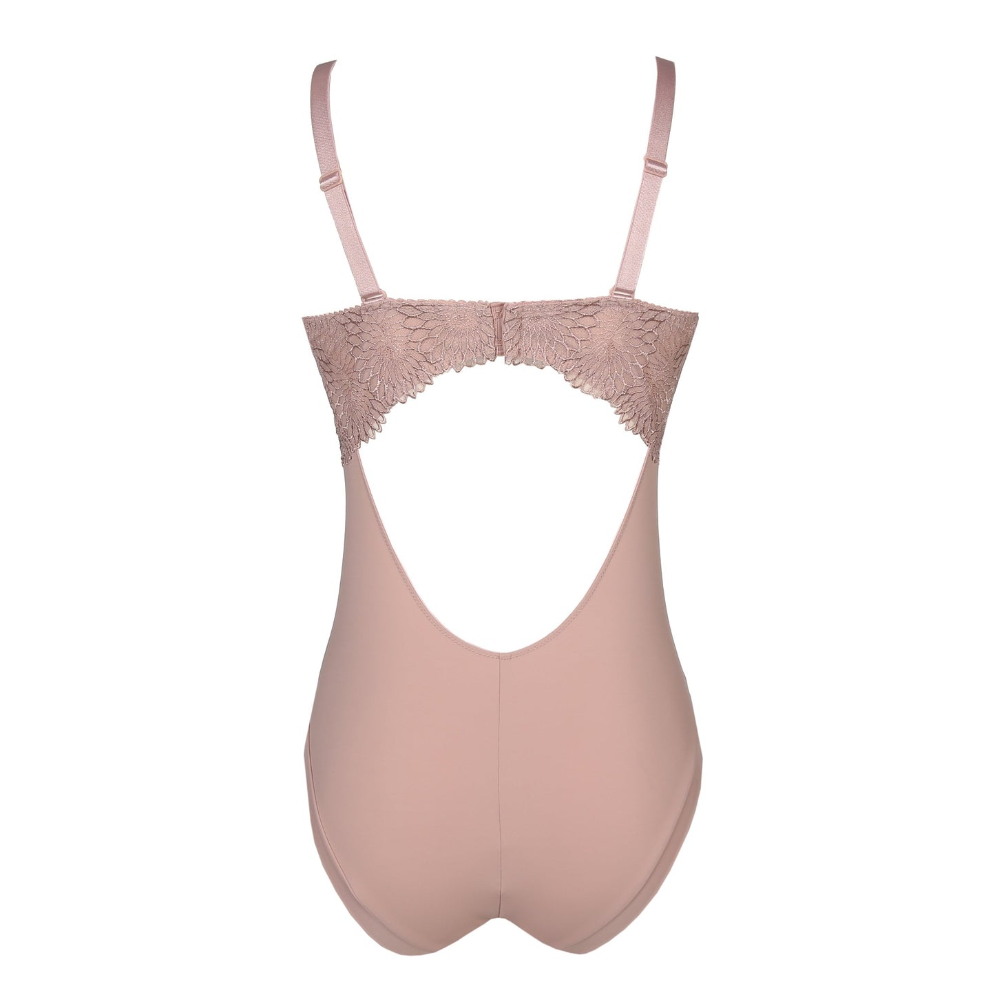 Back view of a DD+ open back bodysuit with built in full support underwire bra in bois de rose by Primadonna.
