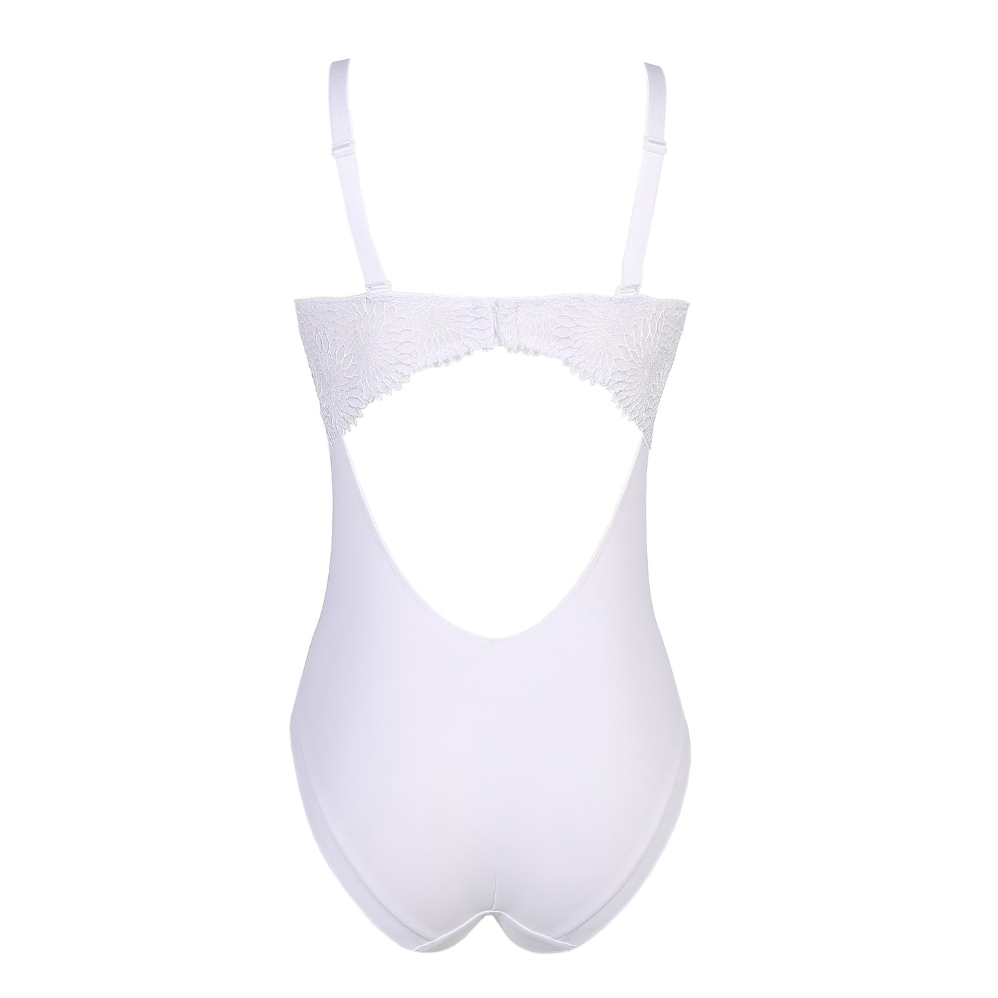 Back view of a DD+ open back bodysuit with built in full support underwire bra in white by Primadonna.