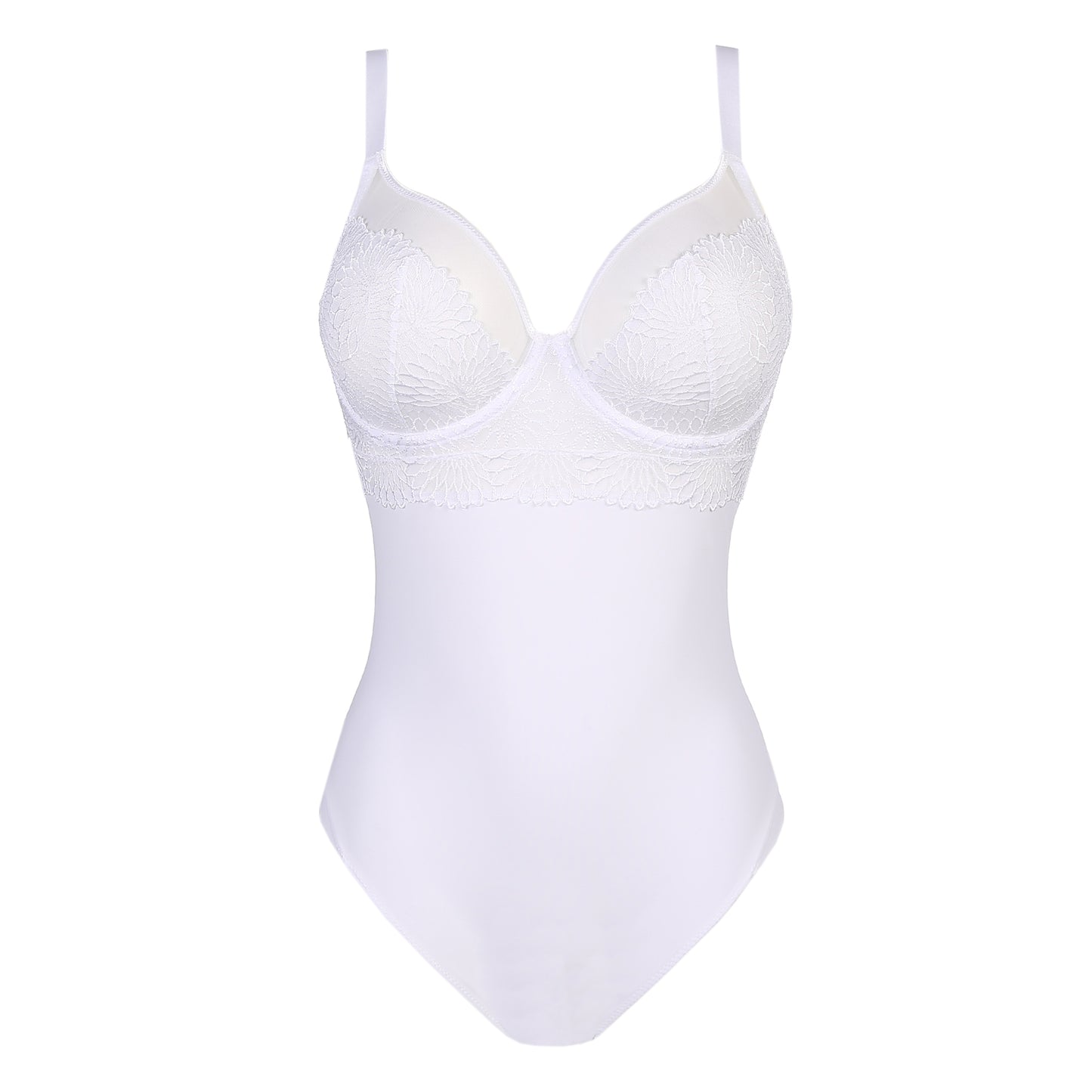 Front view of a DD+ open back bodysuit with built in full support underwire bra in white by Primadonna.