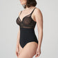 Side view of a woman wearing a black DD+ open back bodysuit with built in full support underwire bra by Primadonna.