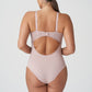 Back view of a woman wearing a DD+ open back bodysuit with built in full support underwire bra in bois de rose by Primadonna.
