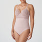 Front view of a woman wearing a DD+ open back bodysuit with built in full support underwire bra in bois de rose by Primadonna.