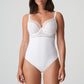 Front view of a woman wearing a DD+ open back bodysuit with built in full support underwire bra in white by Primadonna.