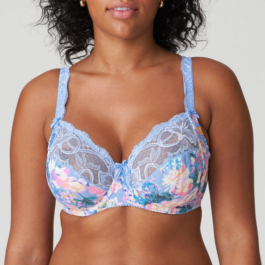 Front view of a woman wearing the DD+ Madison Full Cup Bra in Periwinkle Floral by PrimaDonna.