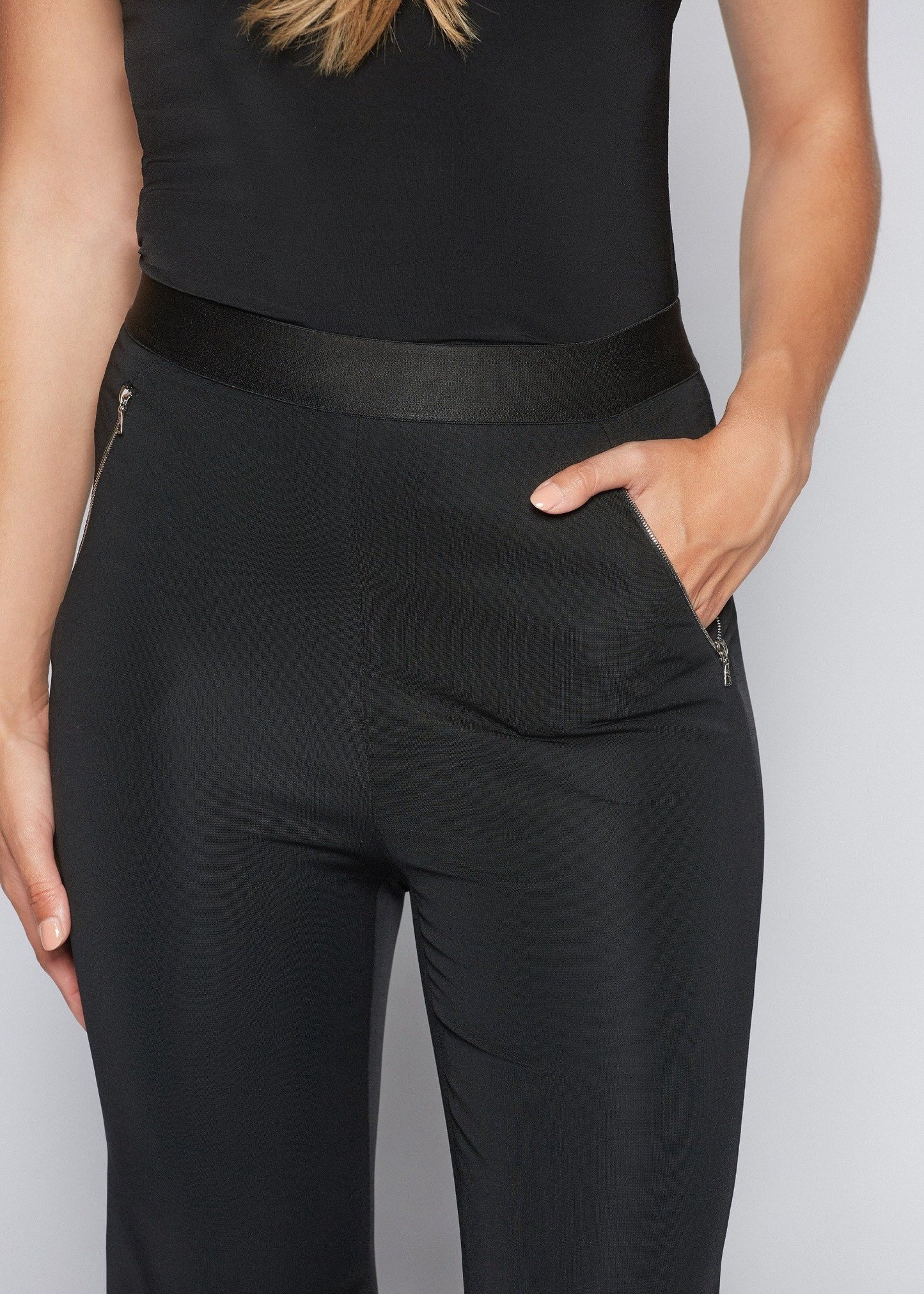 Kara trousers black front detail view. 