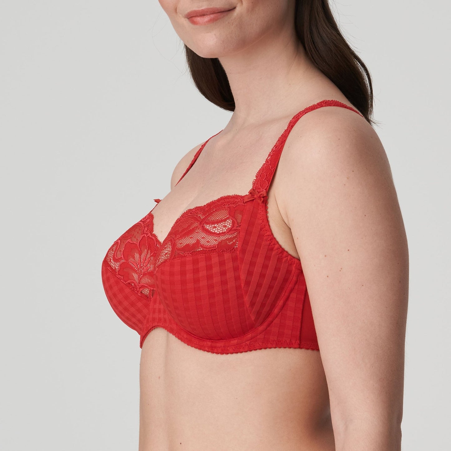 Side view of a woman wearing the Madison Full Cup Bra in red by PrimaDonna, specifically designed for D cup and up.