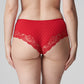 Back view of a woman wearing the Madison cheeky cut panty with lace inserts in Scarlet by Primadonna.
