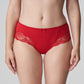 Front view of a woman wearing the Madison cheeky cut panty with lace inserts in Scarlet by Primadonna.