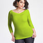 Woman wearing a 3/4 length sleeve fuller bust bamboo pullover with stylized boatneck in Lime Punch by Miriam Baker.